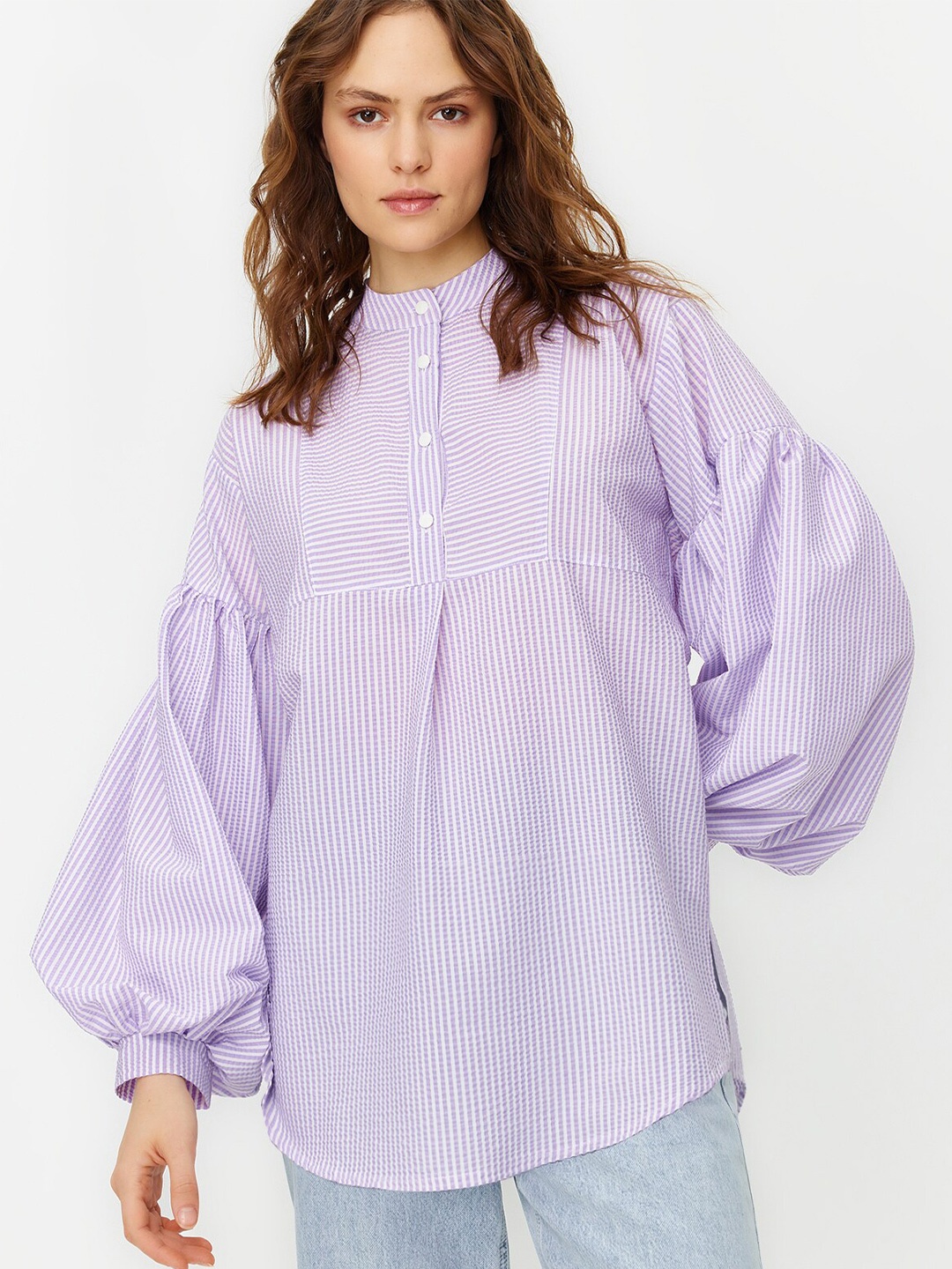 

Trendyol Mandarin Collar Striped Tunic, Purple