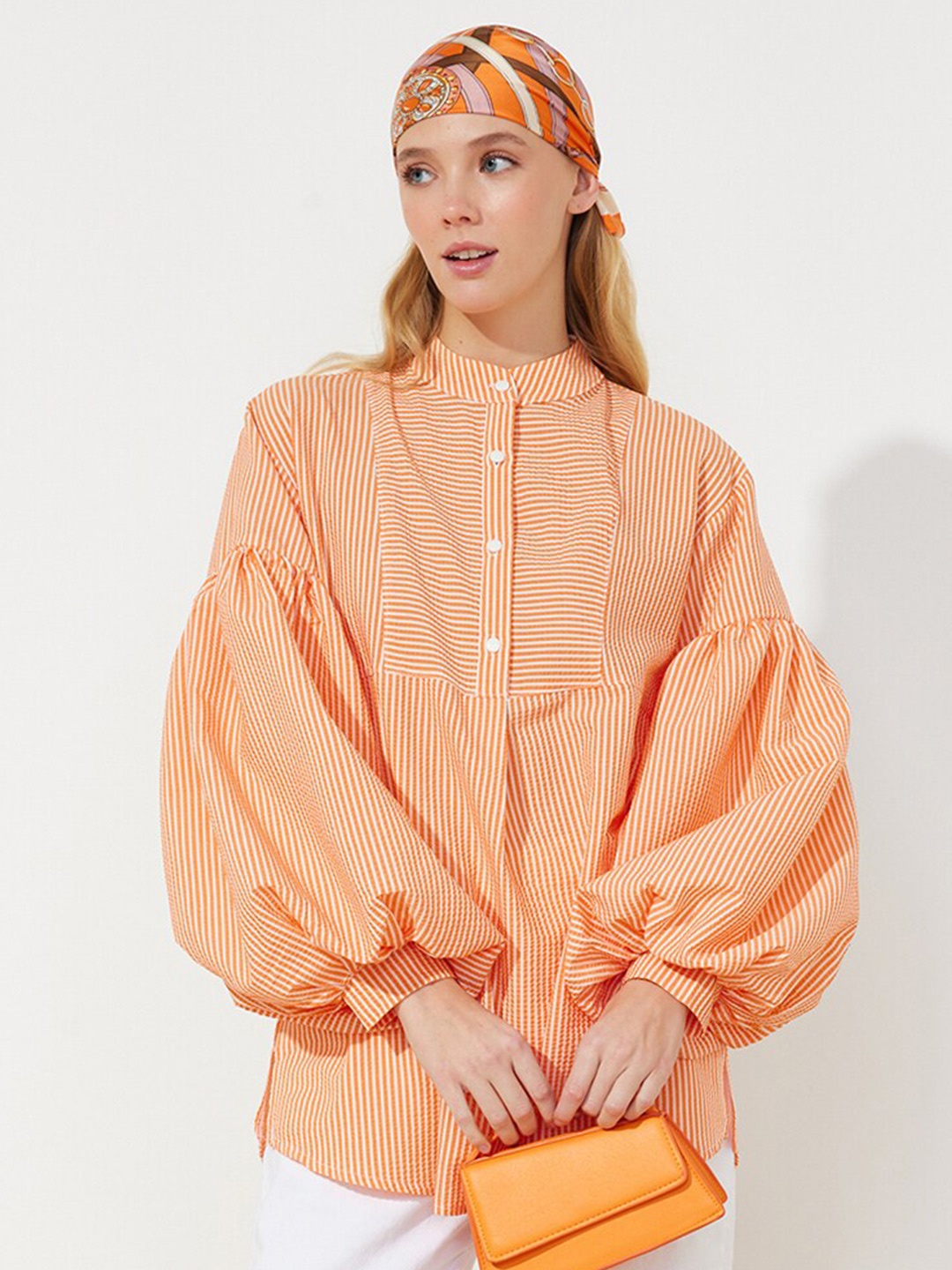 

Trendyol Striped Mandarin Collar Tunic, Orange