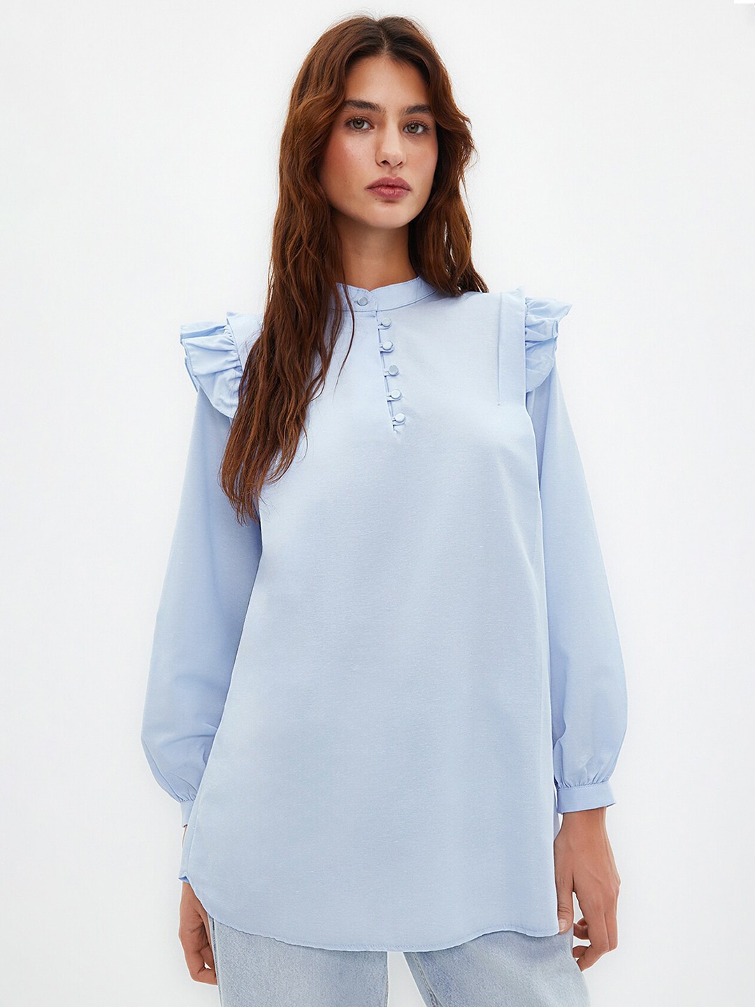 

Trendyol Mandarin Collar Cuffed Sleeves Tunic, Blue