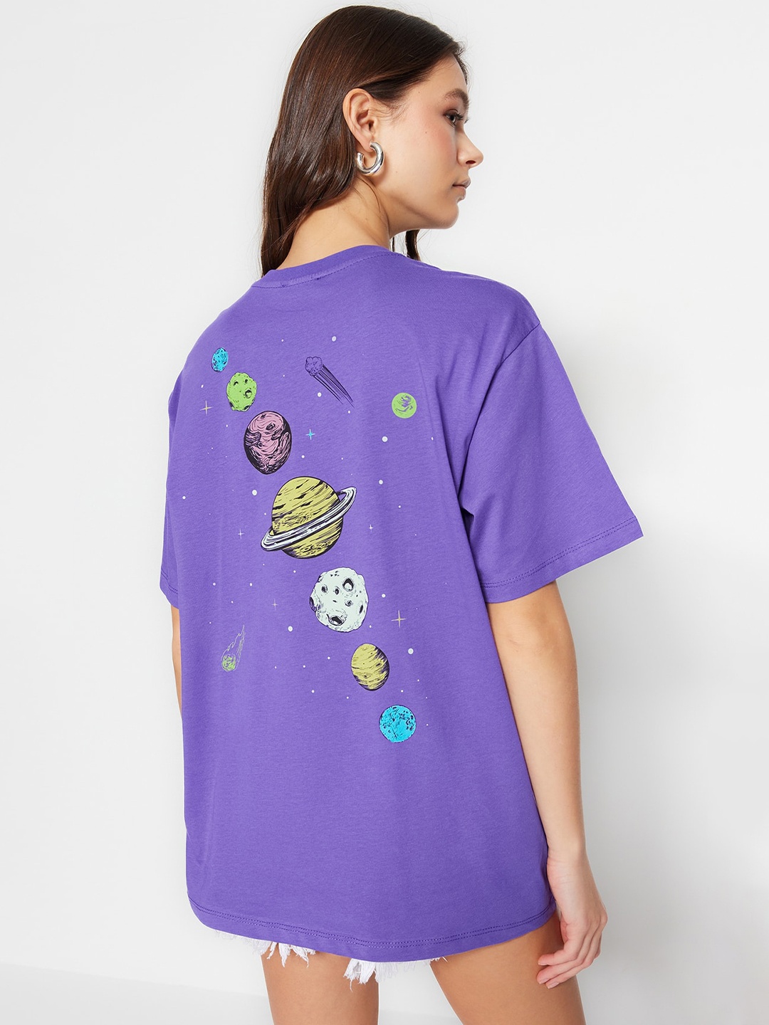 

Trendyol Graphic Printed Drop-Shoulder Sleeves Pure Cotton T-shirt, Purple