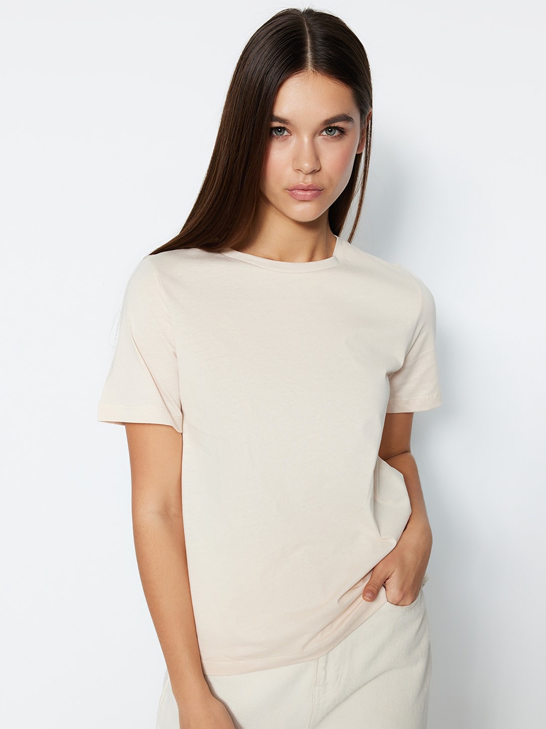 

Trendyol Round Neck Pure Cotton T-shirt, Beige