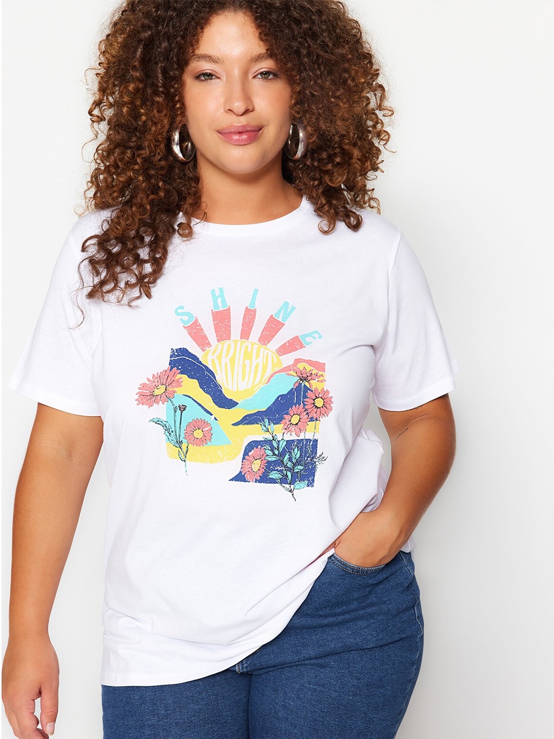 

Trendyol Plus Size Graphic Printed Pure Cotton T-shirt, White