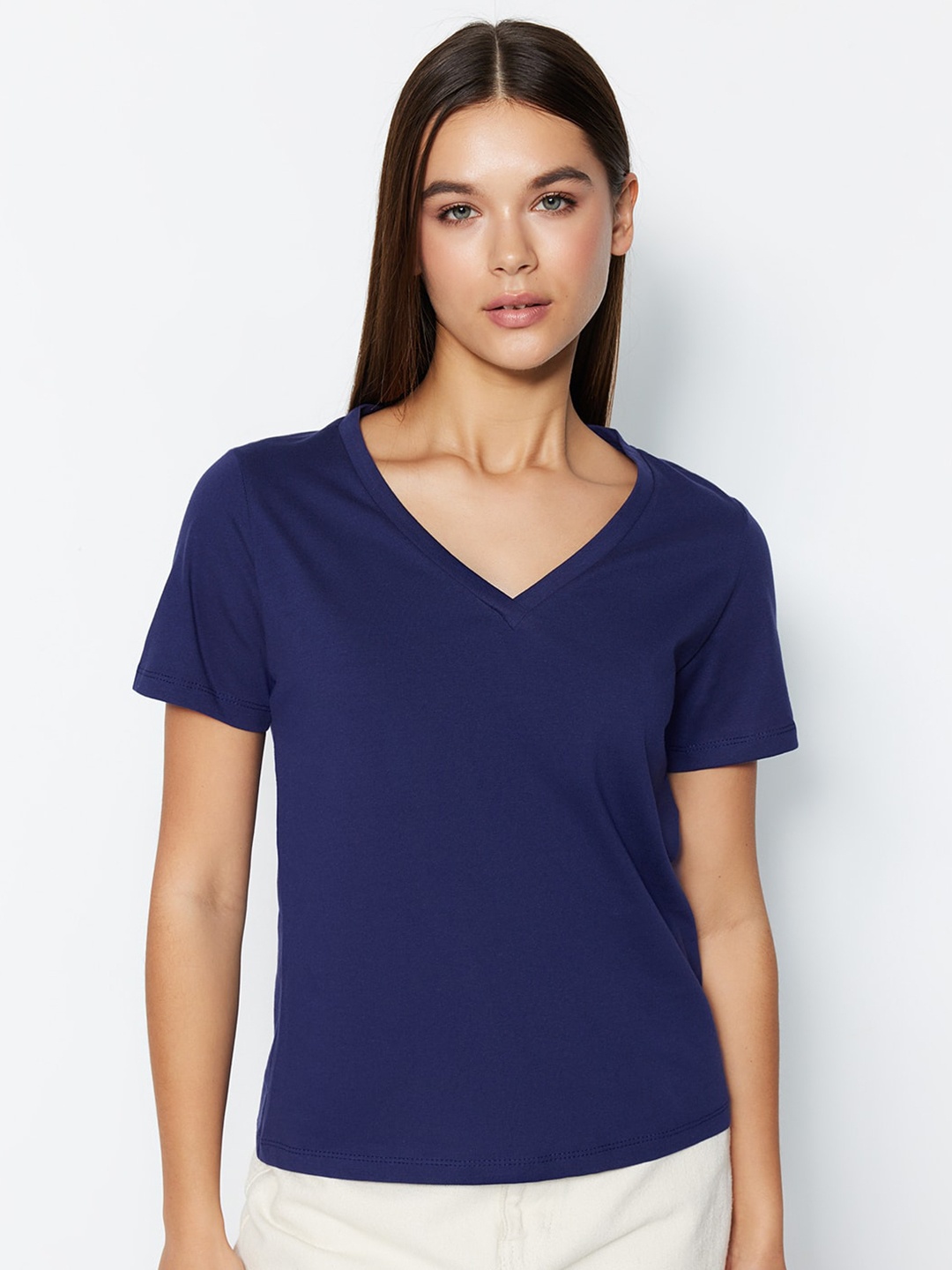 

Trendyol V-Neck Pure Cotton T-shirt, Navy blue