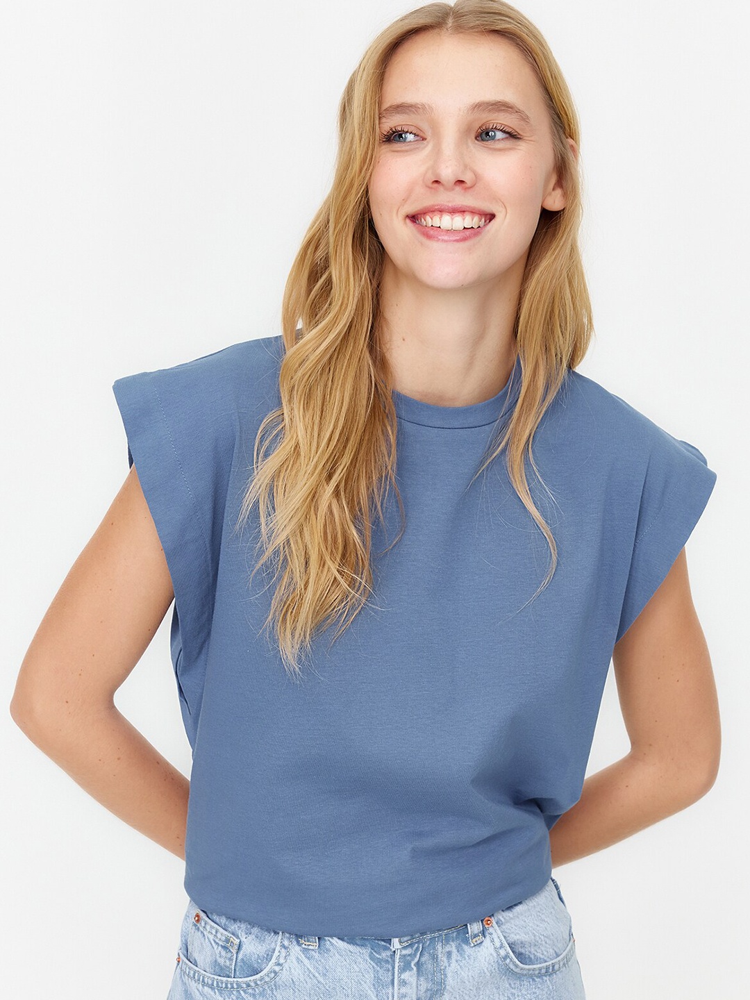 Trendyol Extended Sleeves Pure Cotton T-shirt, Blue
