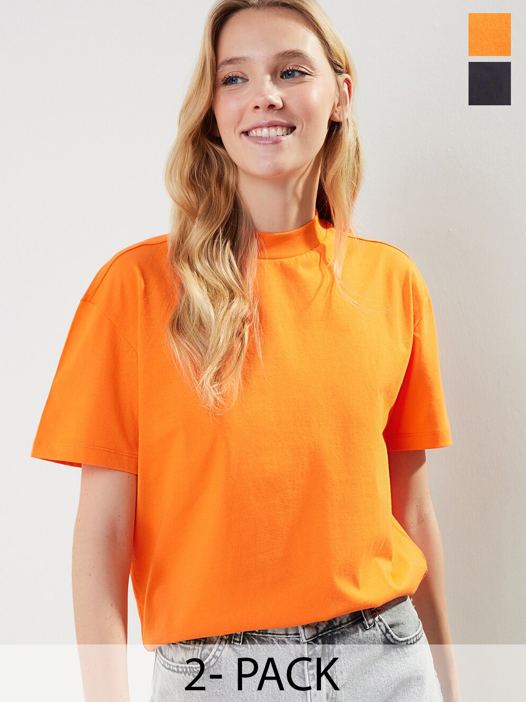 

Trendyol Pack Of 2 Round Neck Pure Cotton T-shirt, Orange