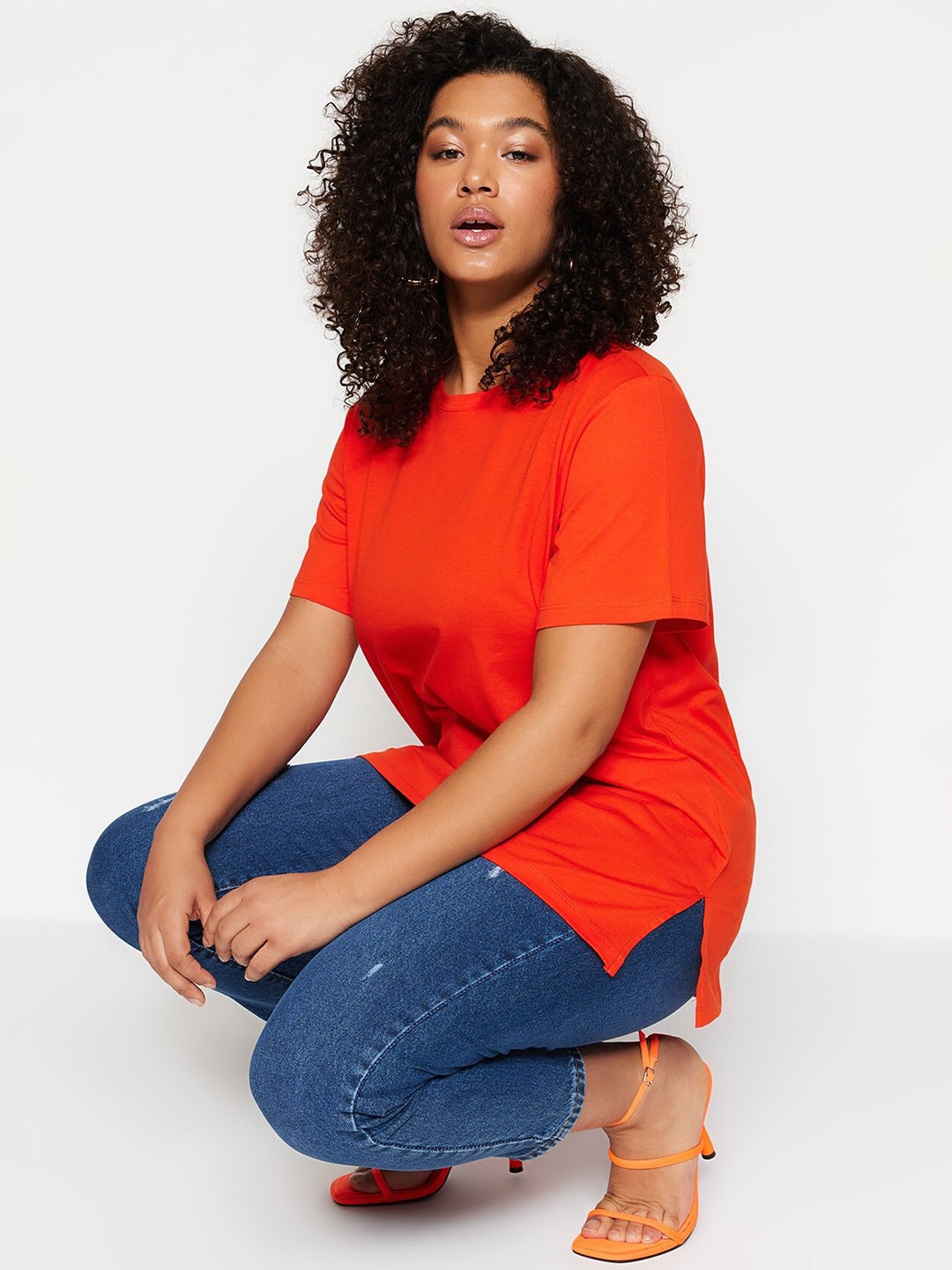 

Trendyol Round Neck Cotton T-shirt, Orange