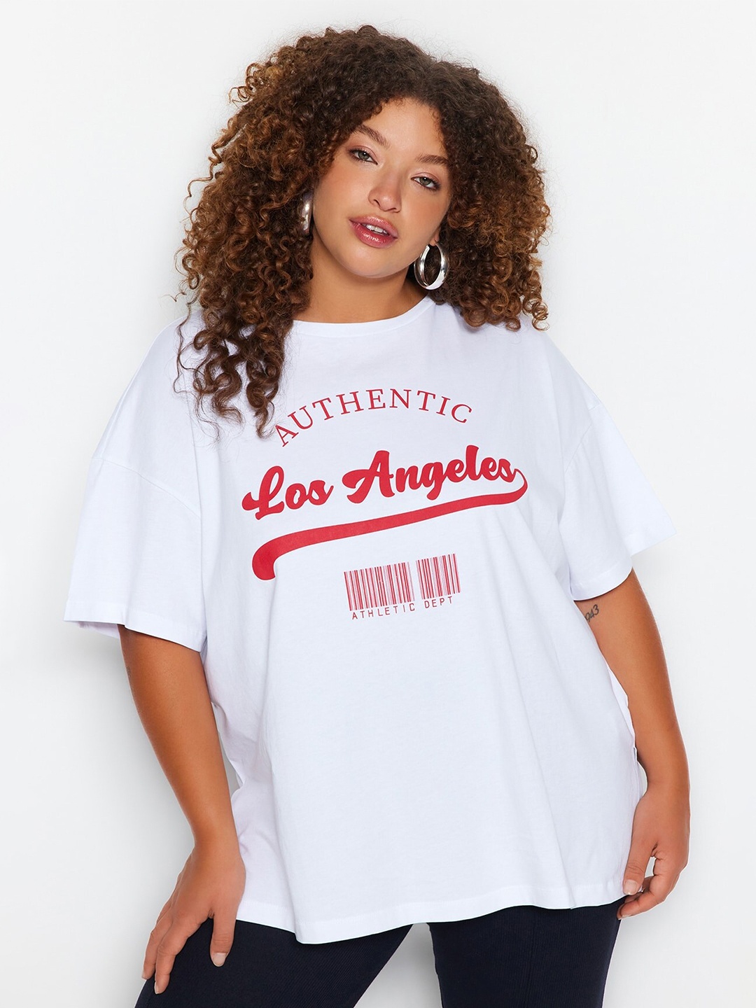 

Trendyol Typography Printed Drop-Shoulder Sleeves Pure Cotton T-shirt, White