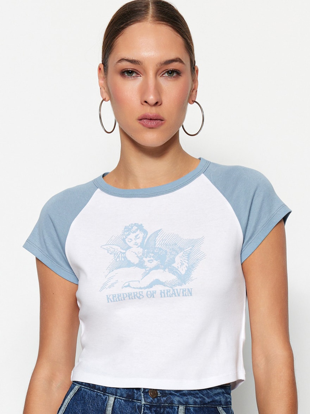 

Trendyol Graphic Printed Raglan Sleeves Pure Cotton T-shirt, Blue