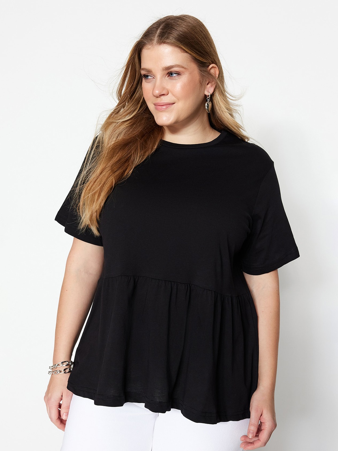 

Trendyol Round Neck Pure Cotton Peplum Top, Black