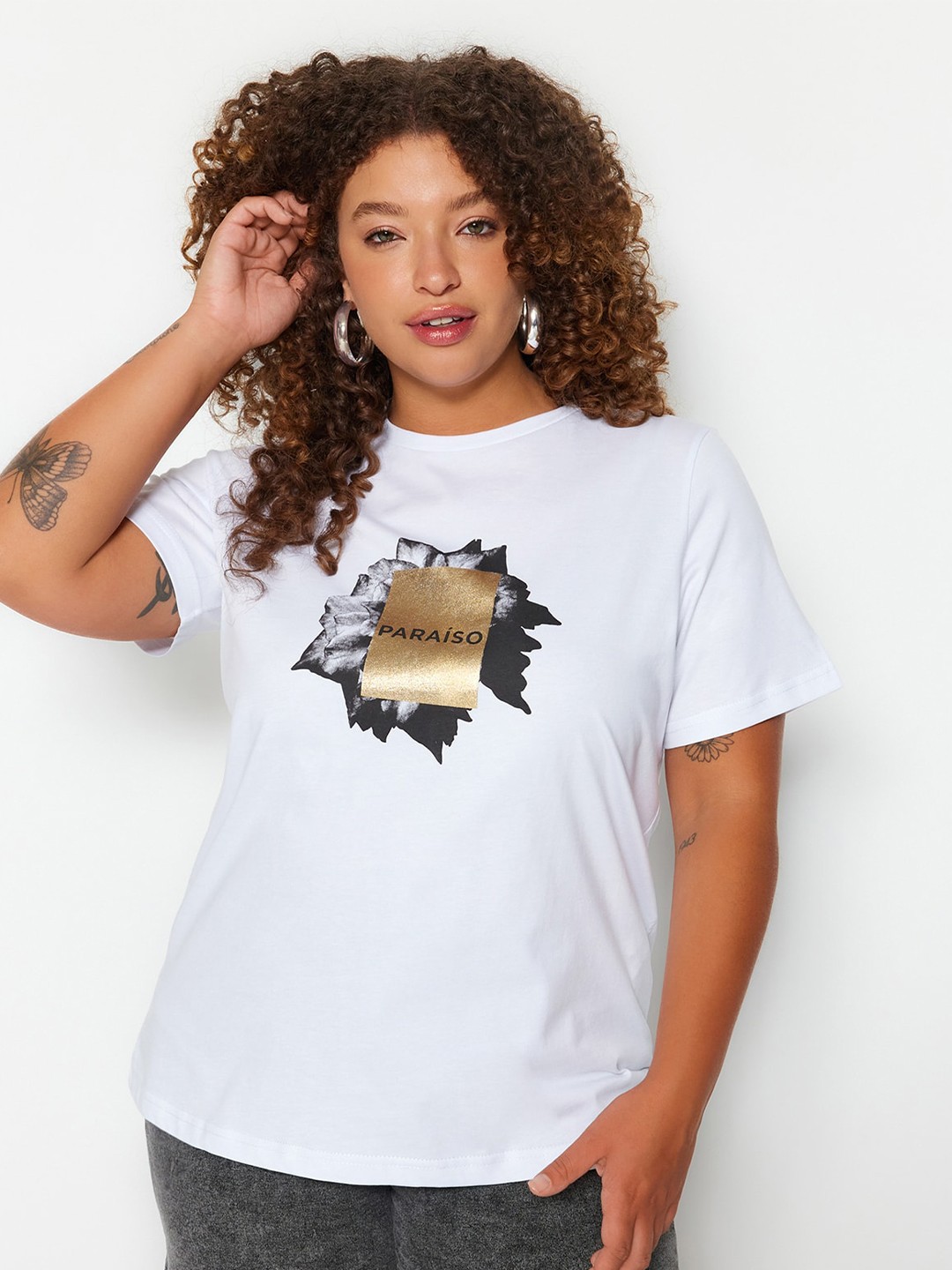 

Trendyol Plus Size Graphic Printed Pure Cotton T-shirt, White