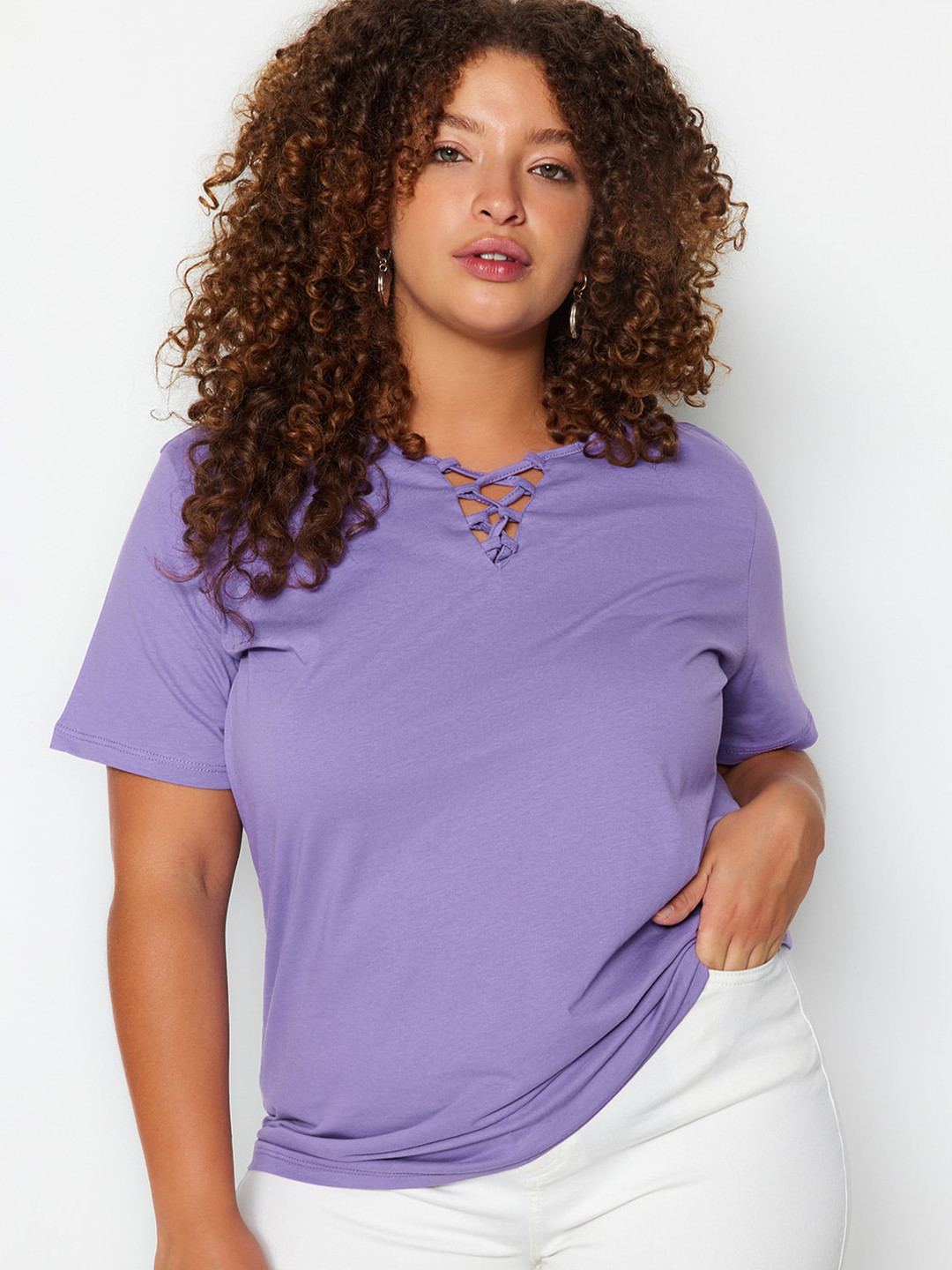 

Trendyol Plus Size V-Neck Pure Cotton T-shirt, Purple