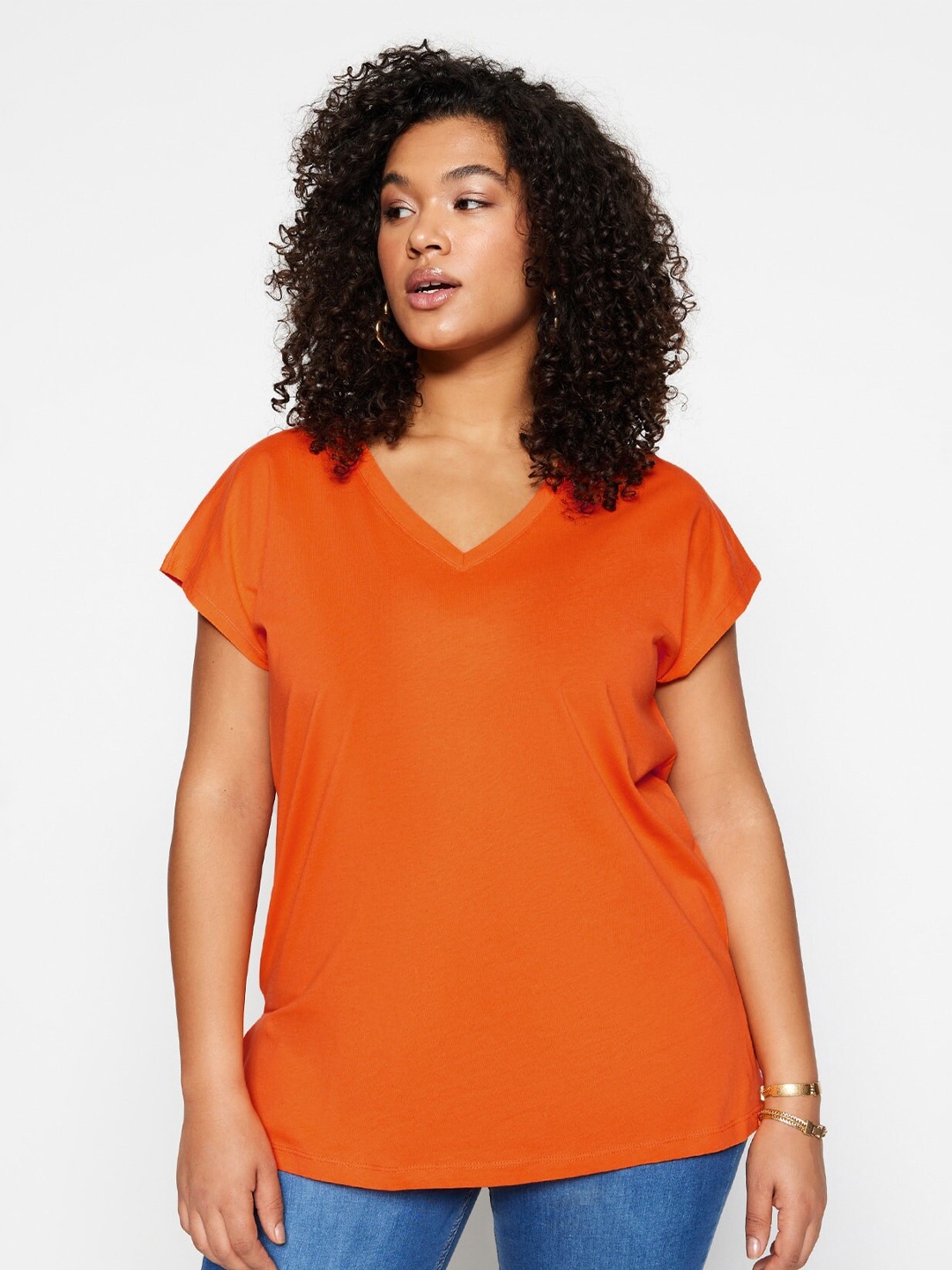 

Trendyol V-Neck Cotton T-shirt, Orange