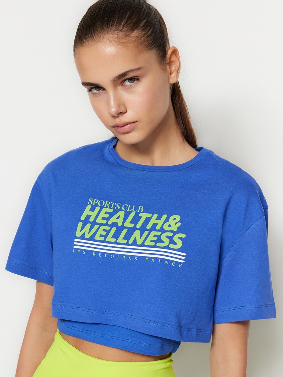 Trendyol Typography Printed Pure Cotton Crop T-shirt, Blue