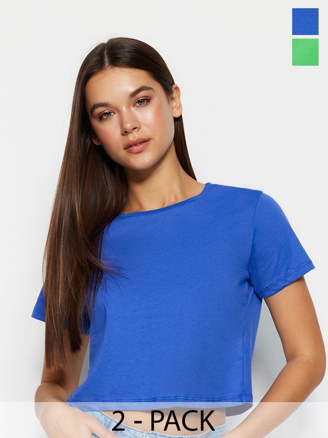 

Trendyol Pack Of 2 Round Neck Pure Cotton T-shirts, Blue