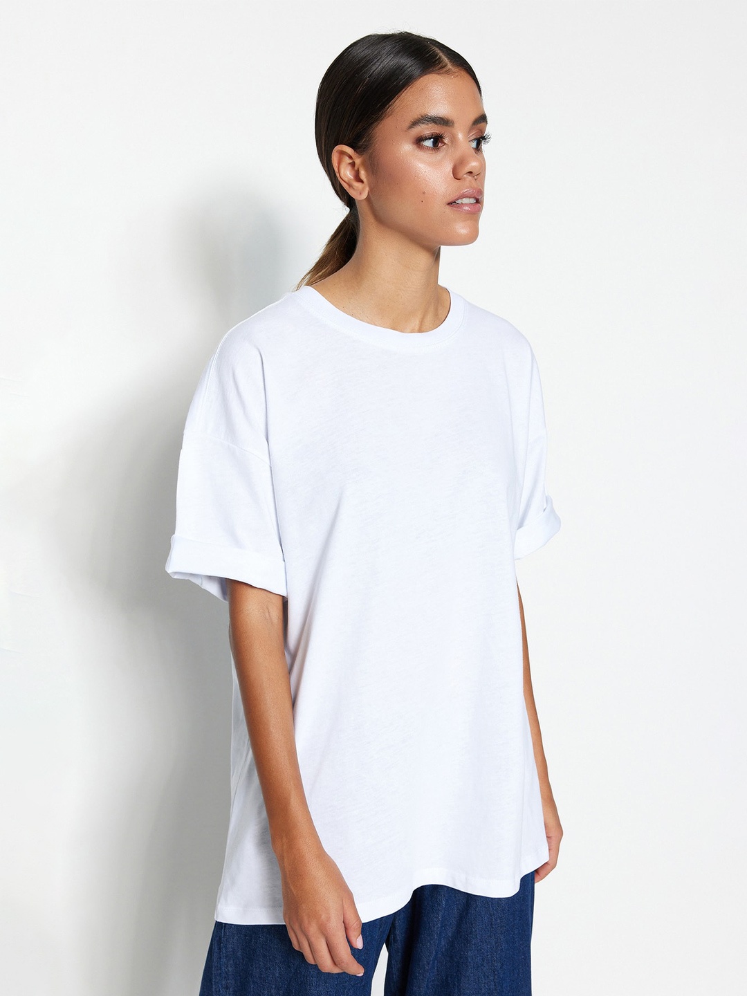 

Trendyol Drop-Shoulder Sleeves Pure Cotton Longline T-shirt, White