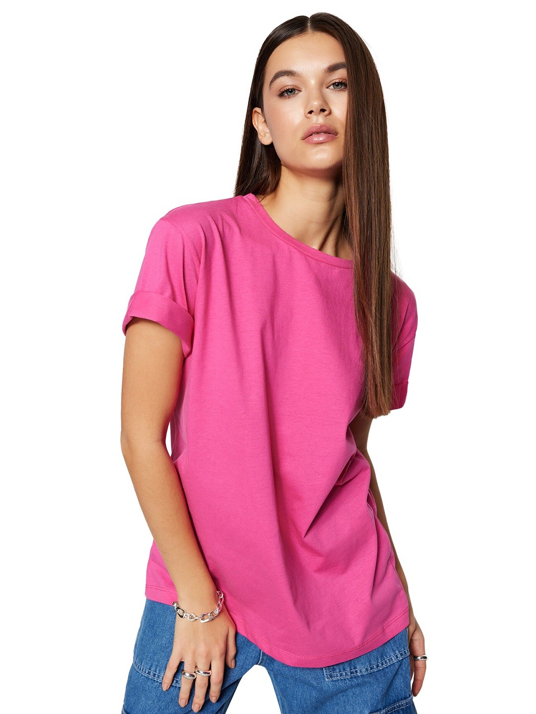 

Trendyol Round Neck Drop-Shoulder Sleeves T-shirt, Pink