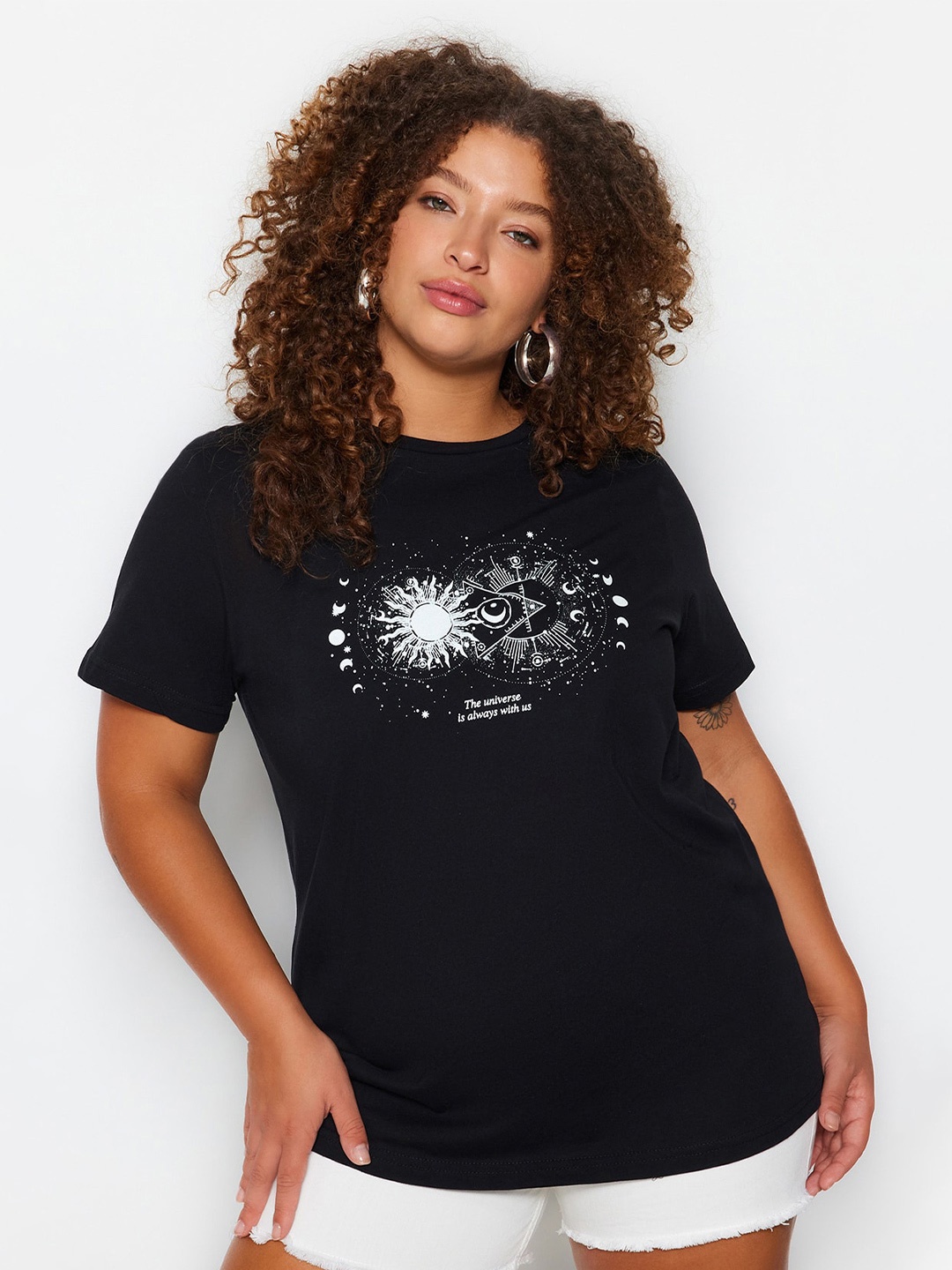 

Trendyol Plus Size Graphic Printed Pure Cotton T-shirt, Black