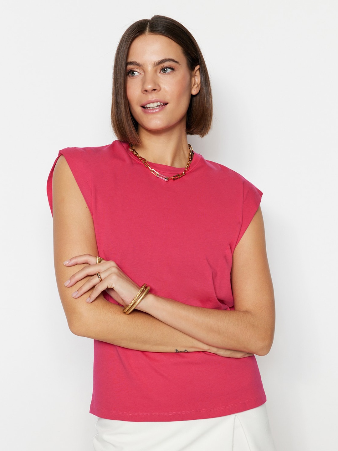 

Trendyol Round Neck Extended Sleeve Pure Cotton T-shirt, Fuchsia