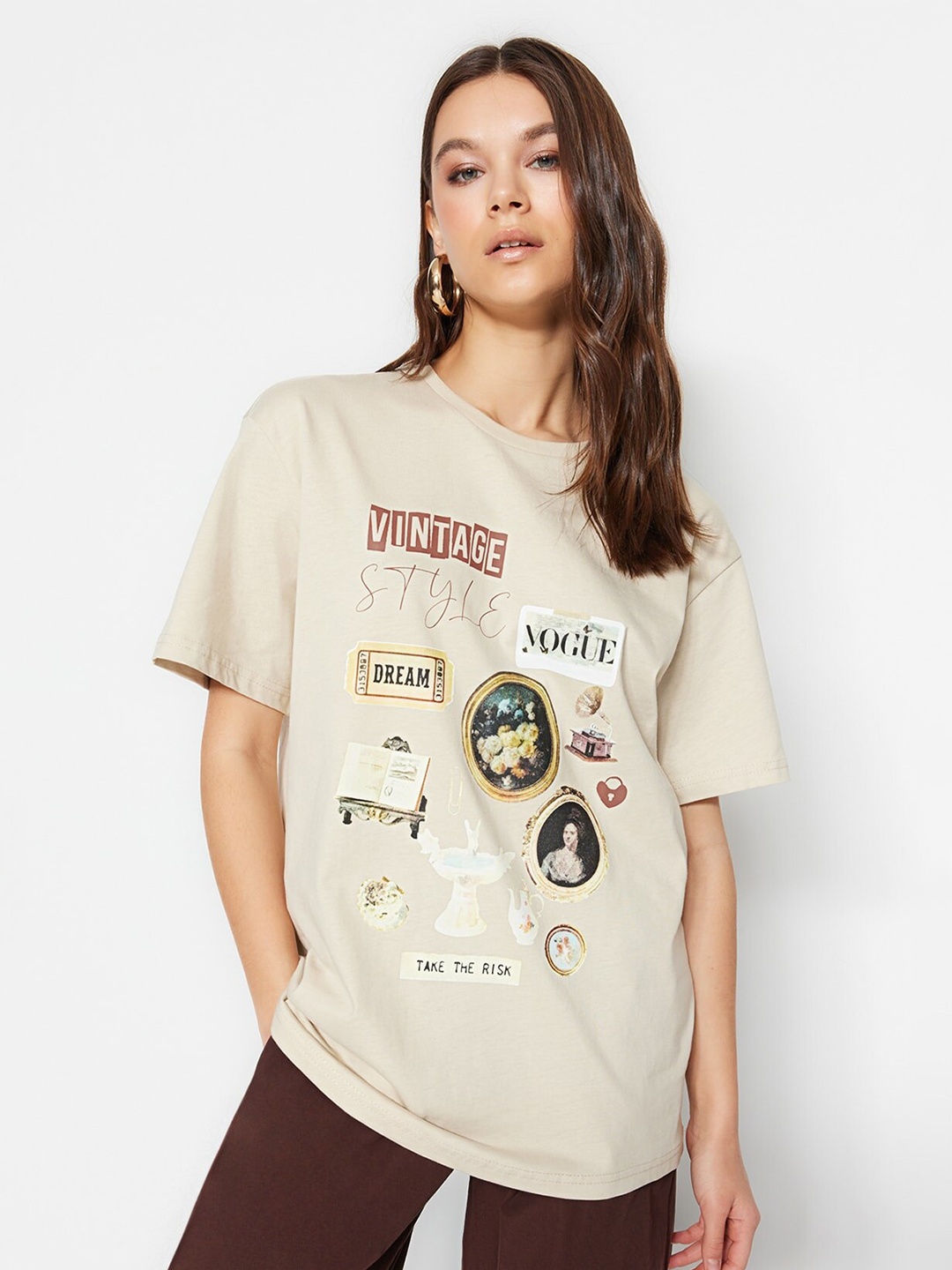 

Trendyol Graphic Printed Cotton T-shirt, Cream