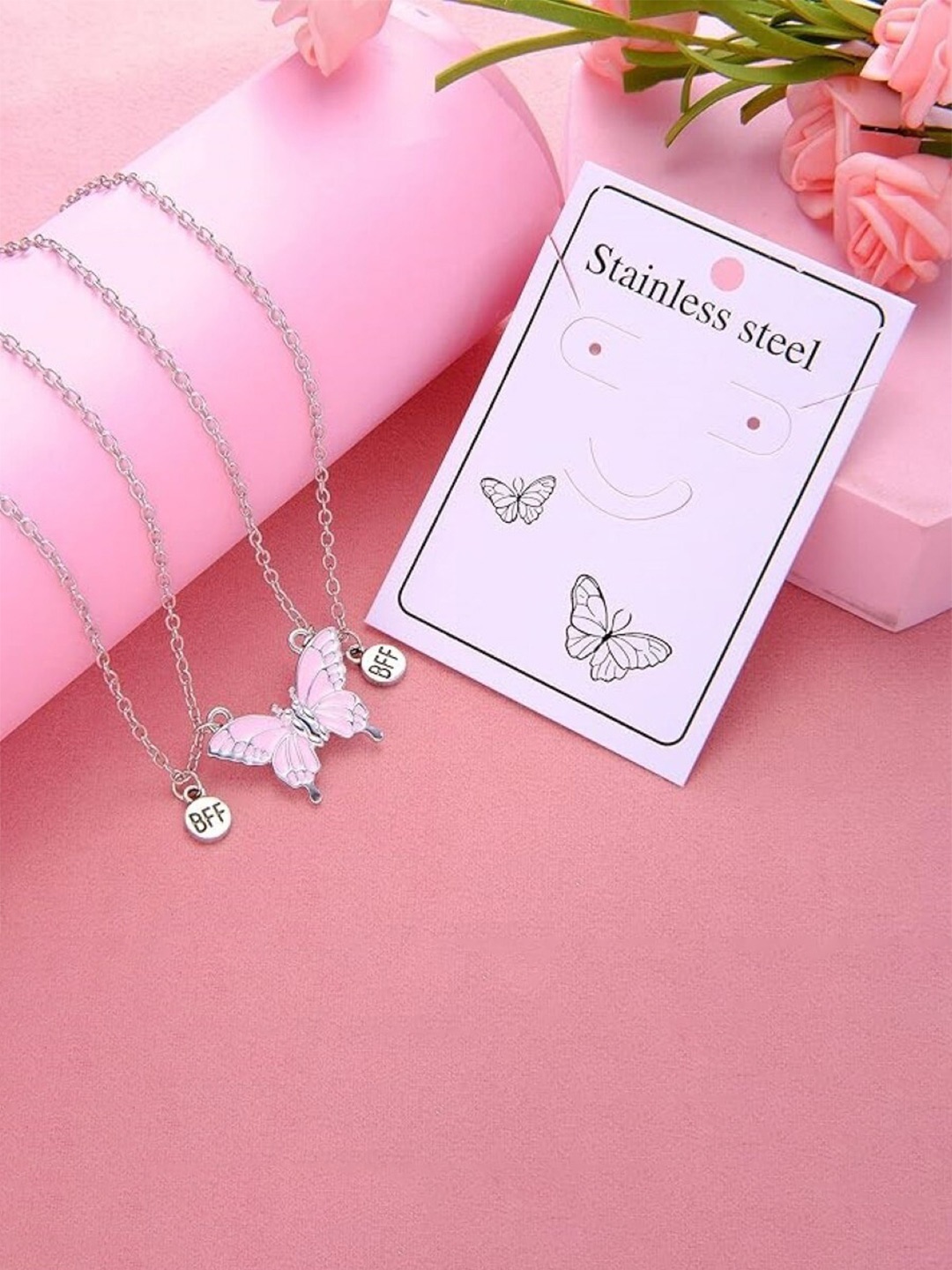 

EL REGALO Girls Set Of 2 Butterfly Necklace, Silver