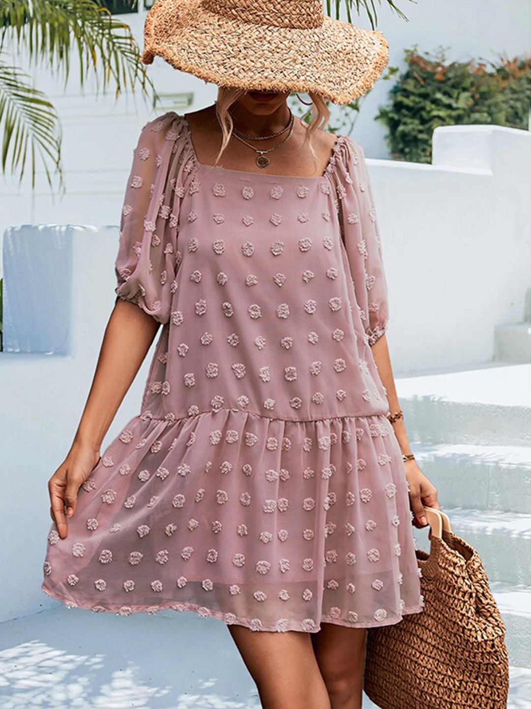 

StyleCast Pink Self Design Square Neck Puff Sleeve Drop-Waist Dress