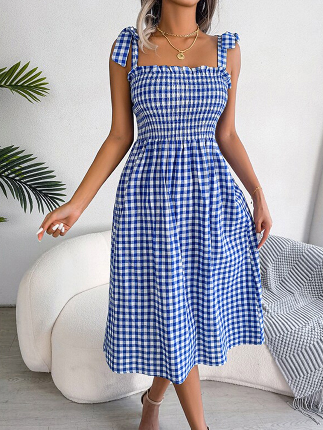 

StyleCast Blue Checked Shoulder Straps Smocked Fit & Flare Dress