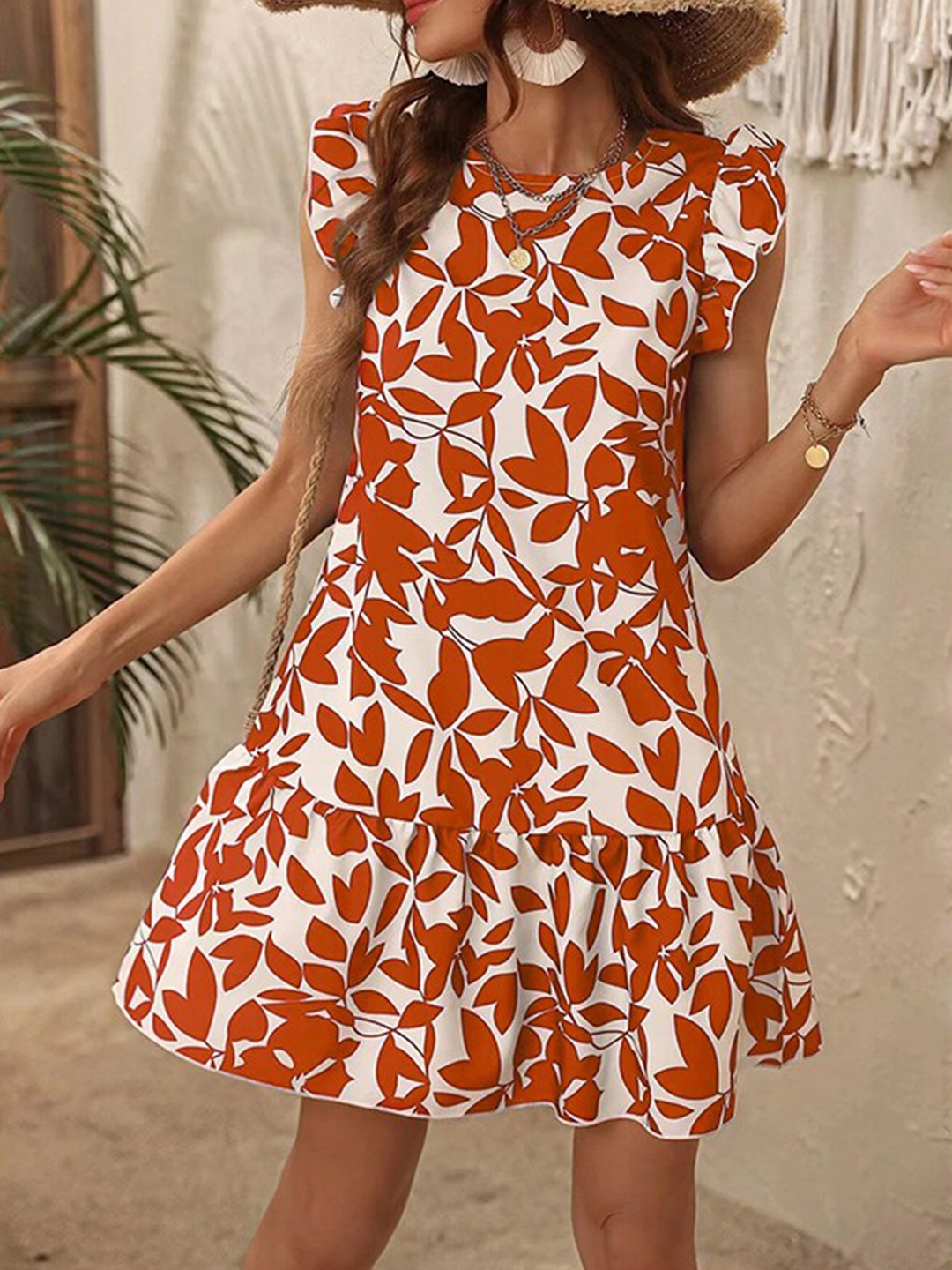

StyleCast Orange Coloured Floral Print Flutter Sleeve A-Line Dress
