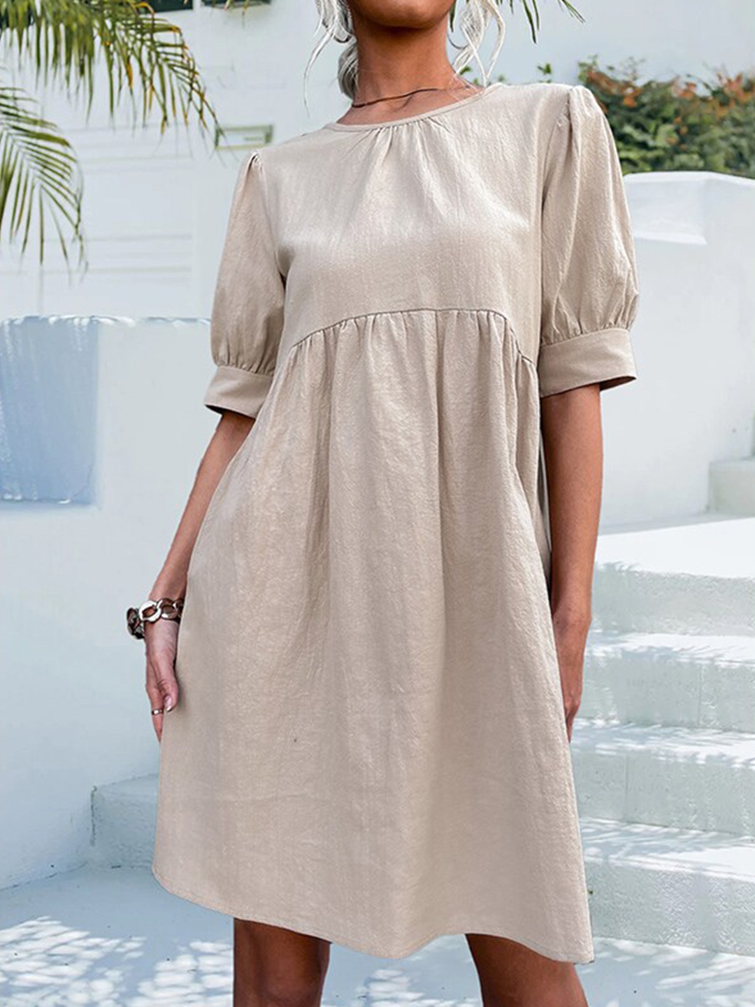 

StyleCast Beige Puff Sleeves A-Line Dress