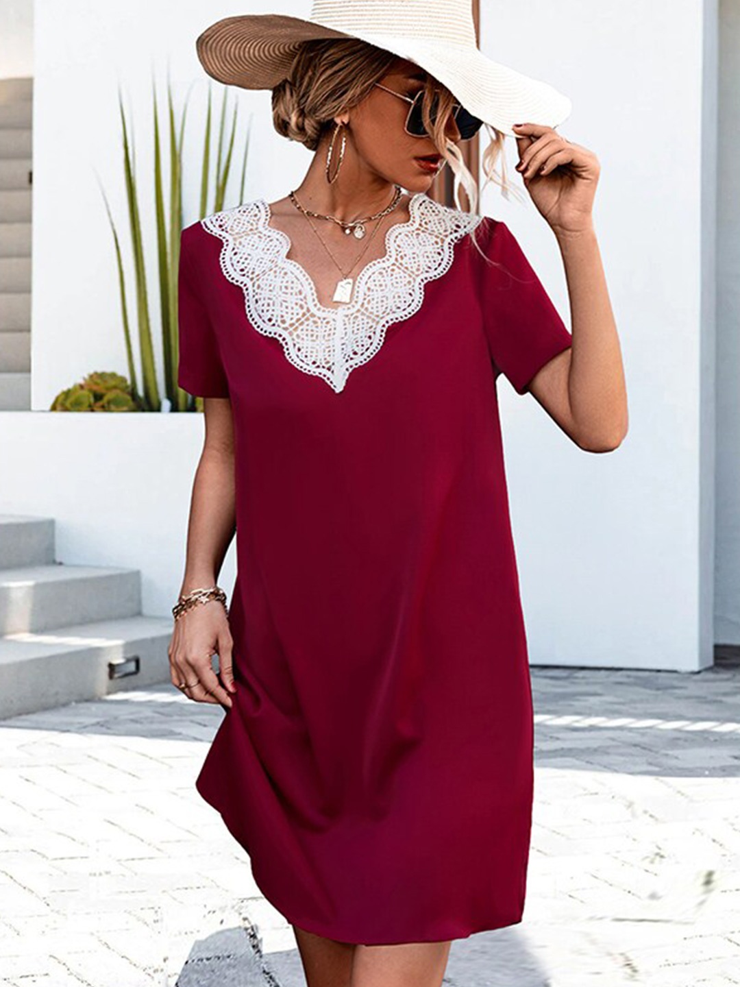 

StyleCast Maroon V-Neck A-Line Dress