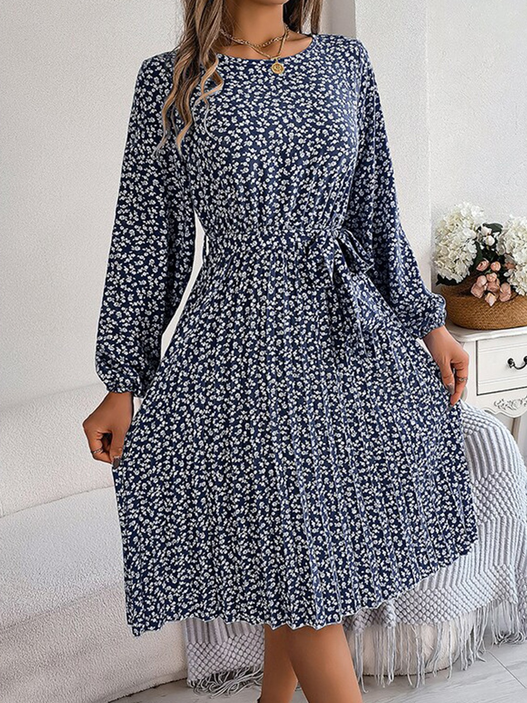 

StyleCast Navy Blue Floral Printed Tie-Up Accordion Pleats Fit and Flare Dress