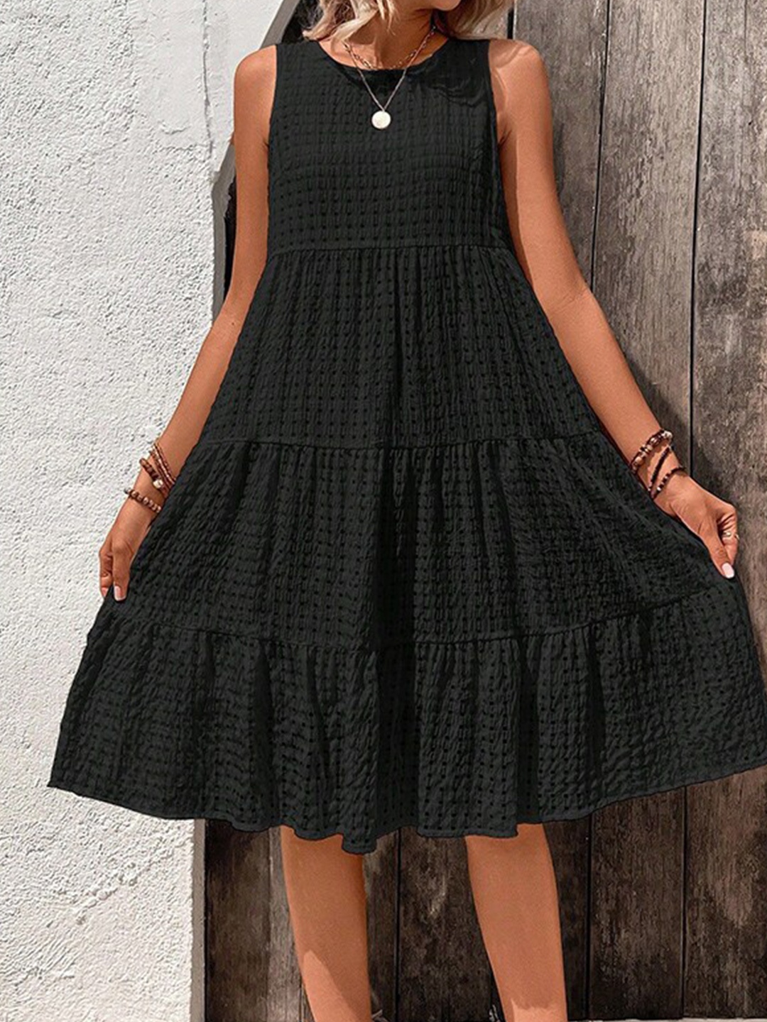 

StyleCast Black Self Designed Tiered A-Line Midi Dress