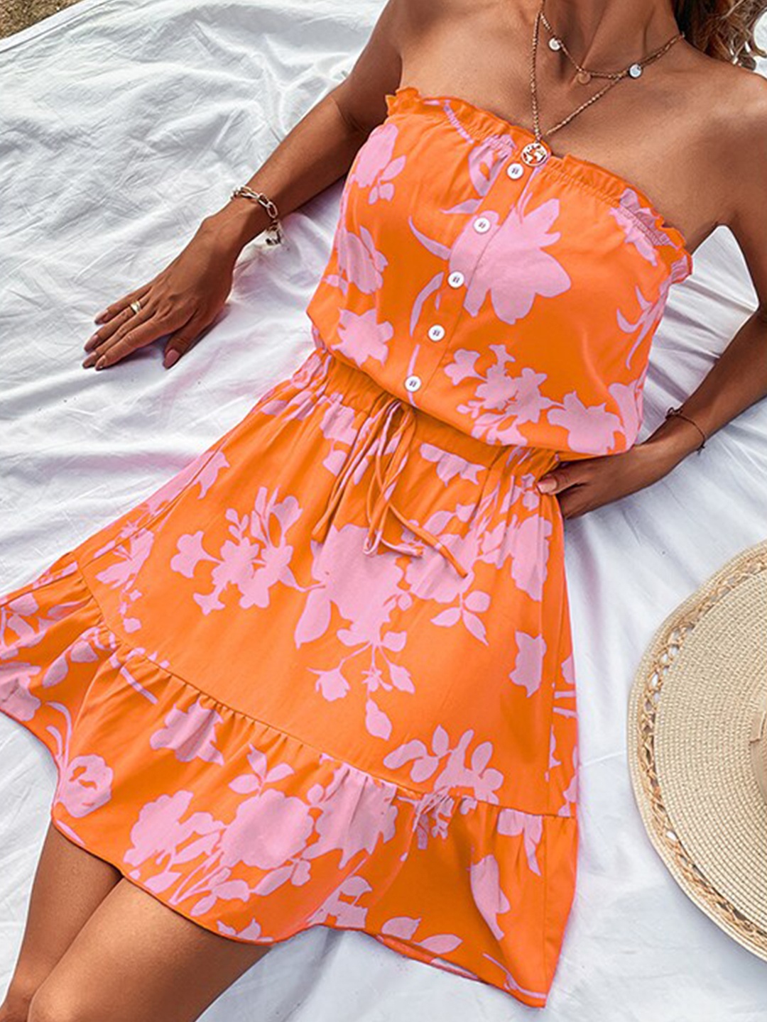 

StyleCast Orange Floral Printed Strapless Fit and Flare Dress