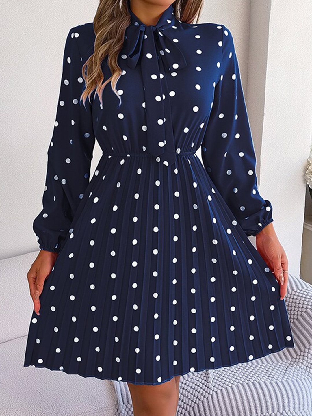 

StyleCast Navy Blue Polka Dot Printed Tie-Up Neck Accordion Pleats Fit & Flare Dress