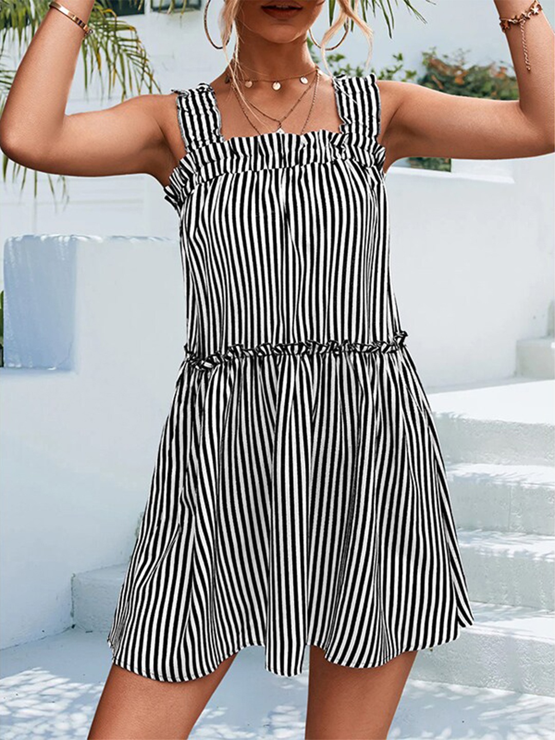 

StyleCast Black Striped Ruffled A-Line Dress