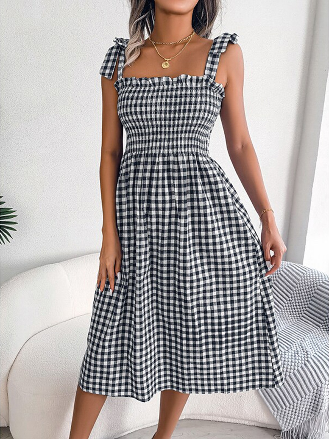 

StyleCast Black Checked Shoulder Straps Smocked Fit & Flare Midi Dress