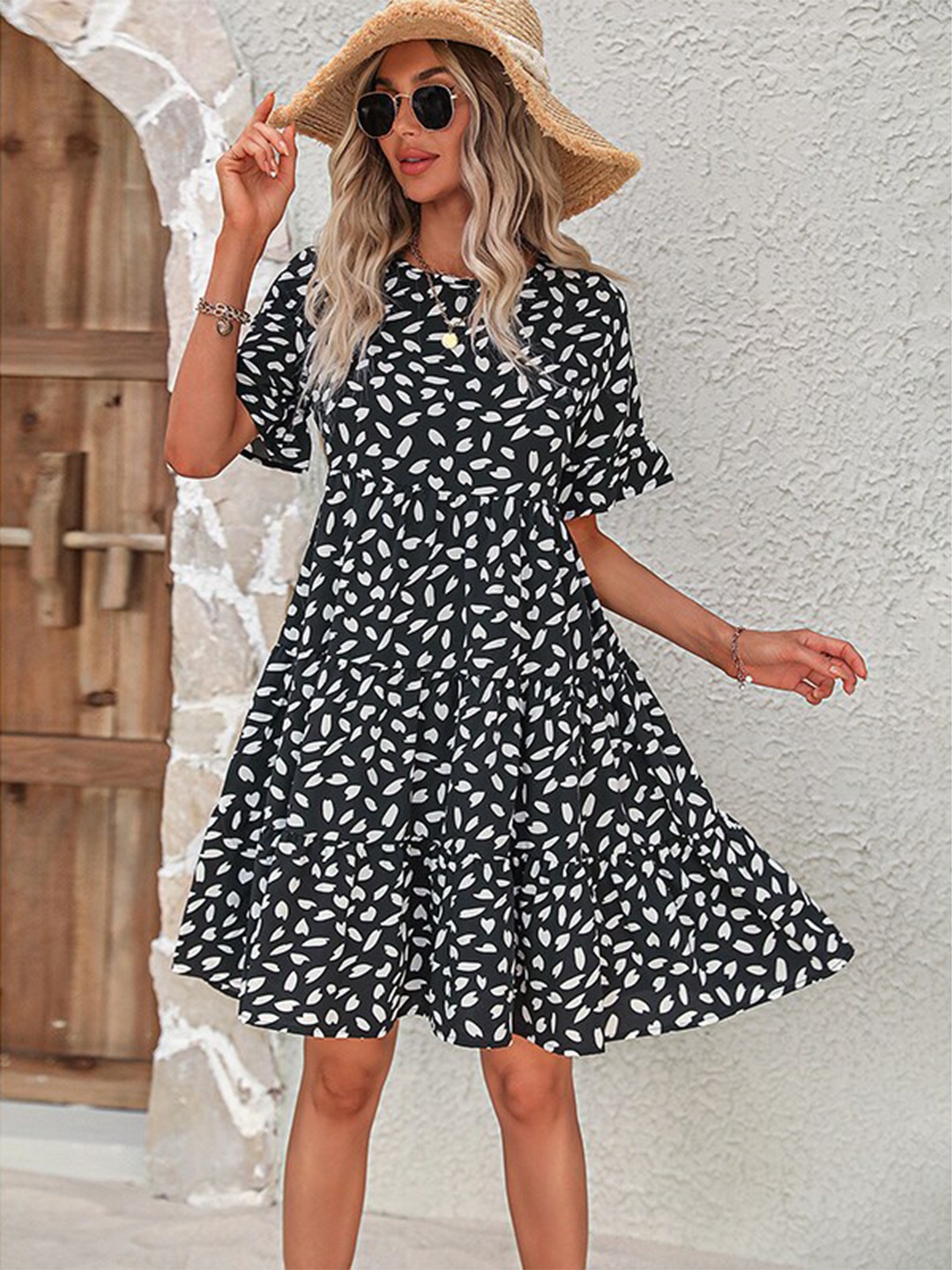 

StyleCast Black Abstract Printed Layered A-Line Dress