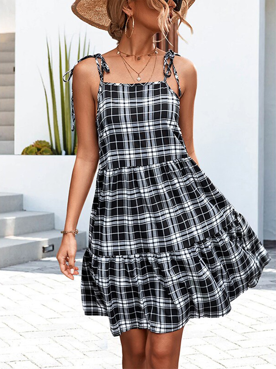 

StyleCast Black & White Checked Shoulder Straps A-Line Dress