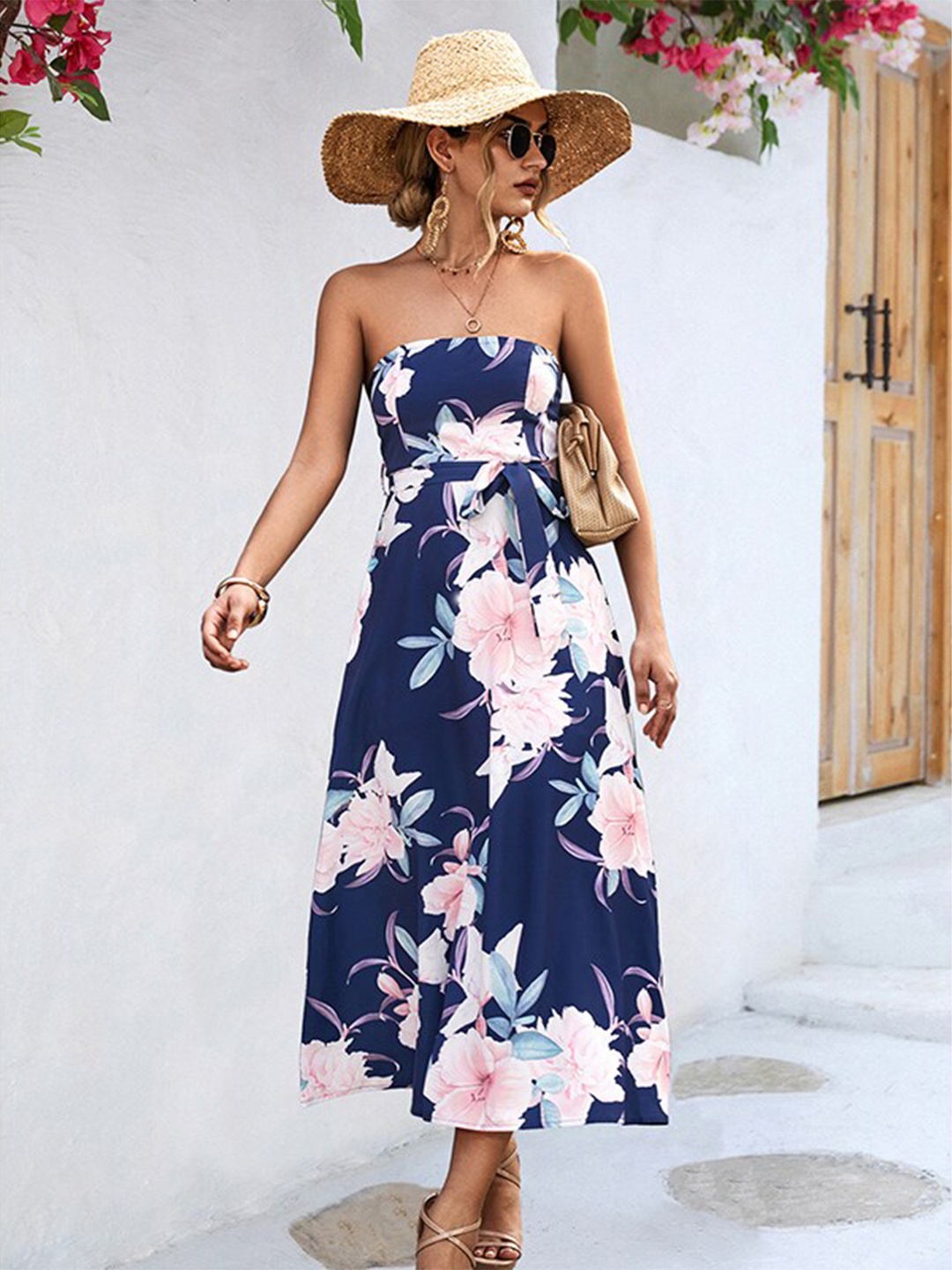 

StyleCast Floral Print Strapless Fit & Flare Midi Dress, Navy blue