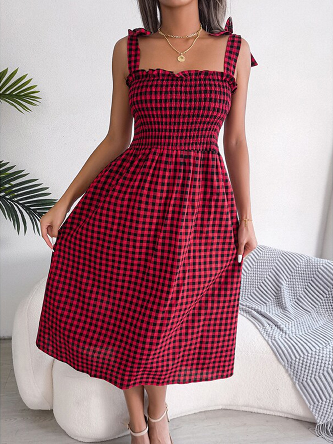 

StyleCast Red Checked Shoulder Straps Fit & Flare Midi Dress