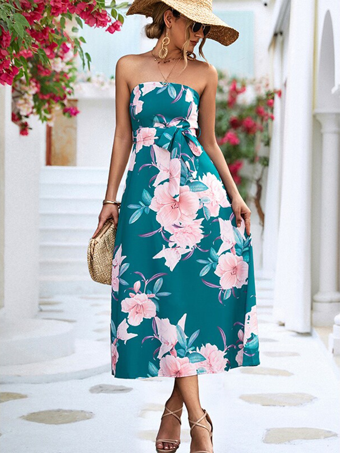 

StyleCast Floral Printed Strapless Tie-Up Midi A-Line Dress, Green