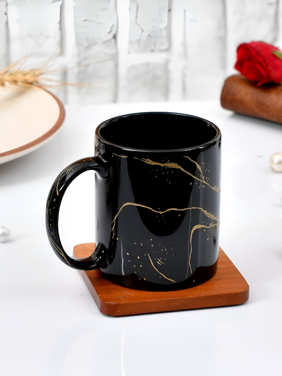 

Home Decor Expert Black & Gold-Toned Geometric Textured Ceramic Glossy Mug 370 ml