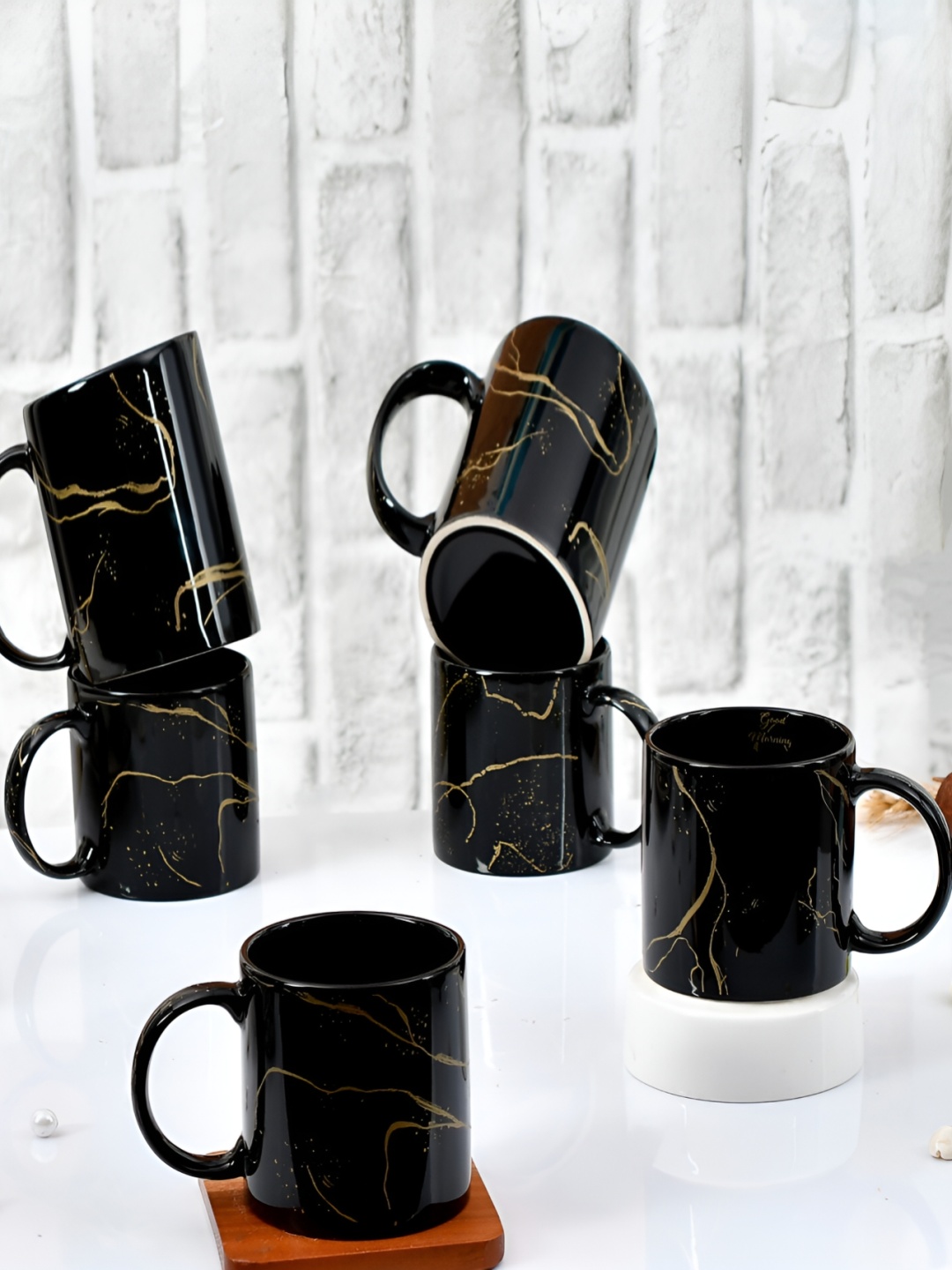 

Home Decor Expert Black 6 Pieces Geometric Printed Ceramic Glossy Mugs 370 ml