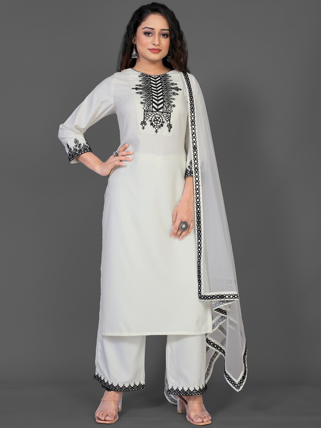 

KALINI Ethnic Motifs Yoke Design Thread Work Kurta With Trousers & Dupatta, Off white