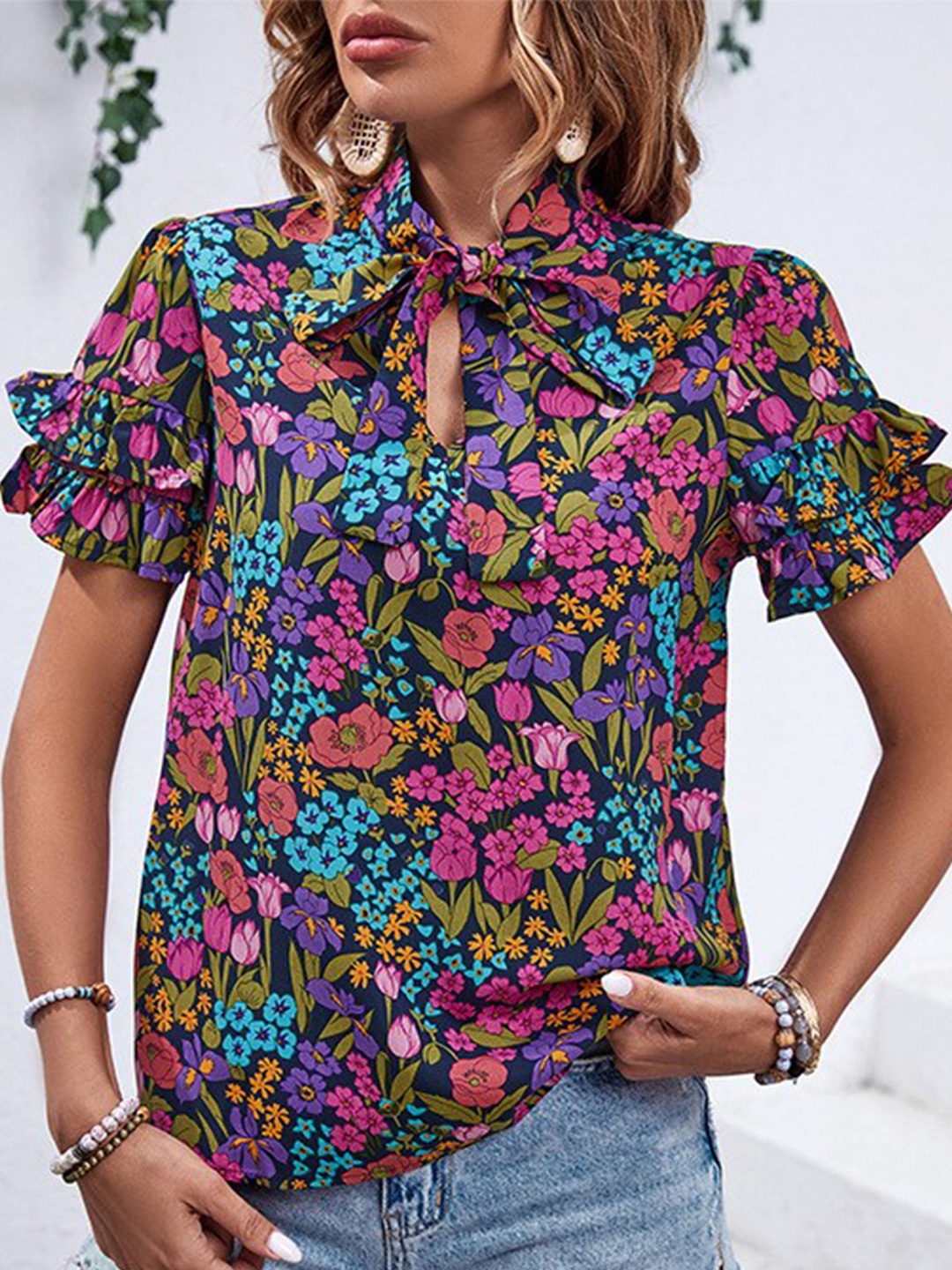 

StyleCast Blue & Purple Floral Printed Tie-Up Neck Gathered Top