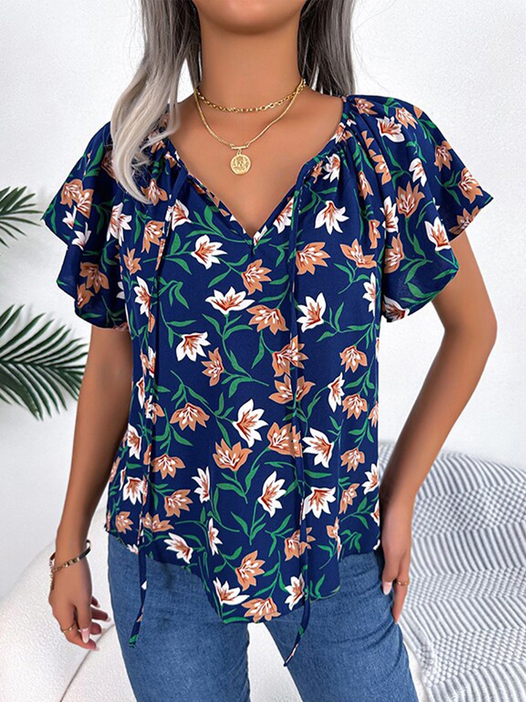 

StyleCast Navy Blue Floral Print V-Neck Flutter Sleeve Top