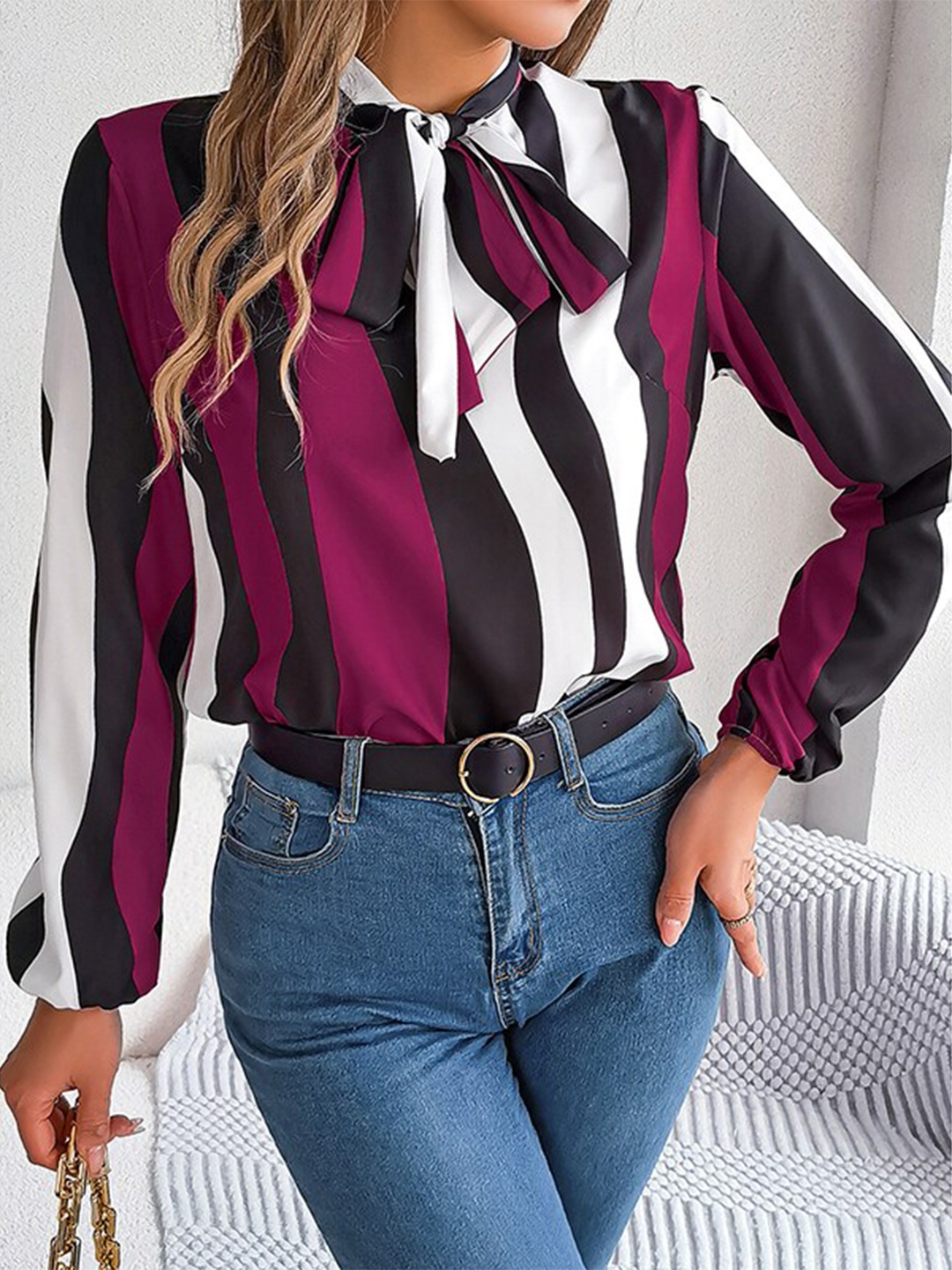 

StyleCast Maroon Striped Tie-Up Neck Shirt Style Top