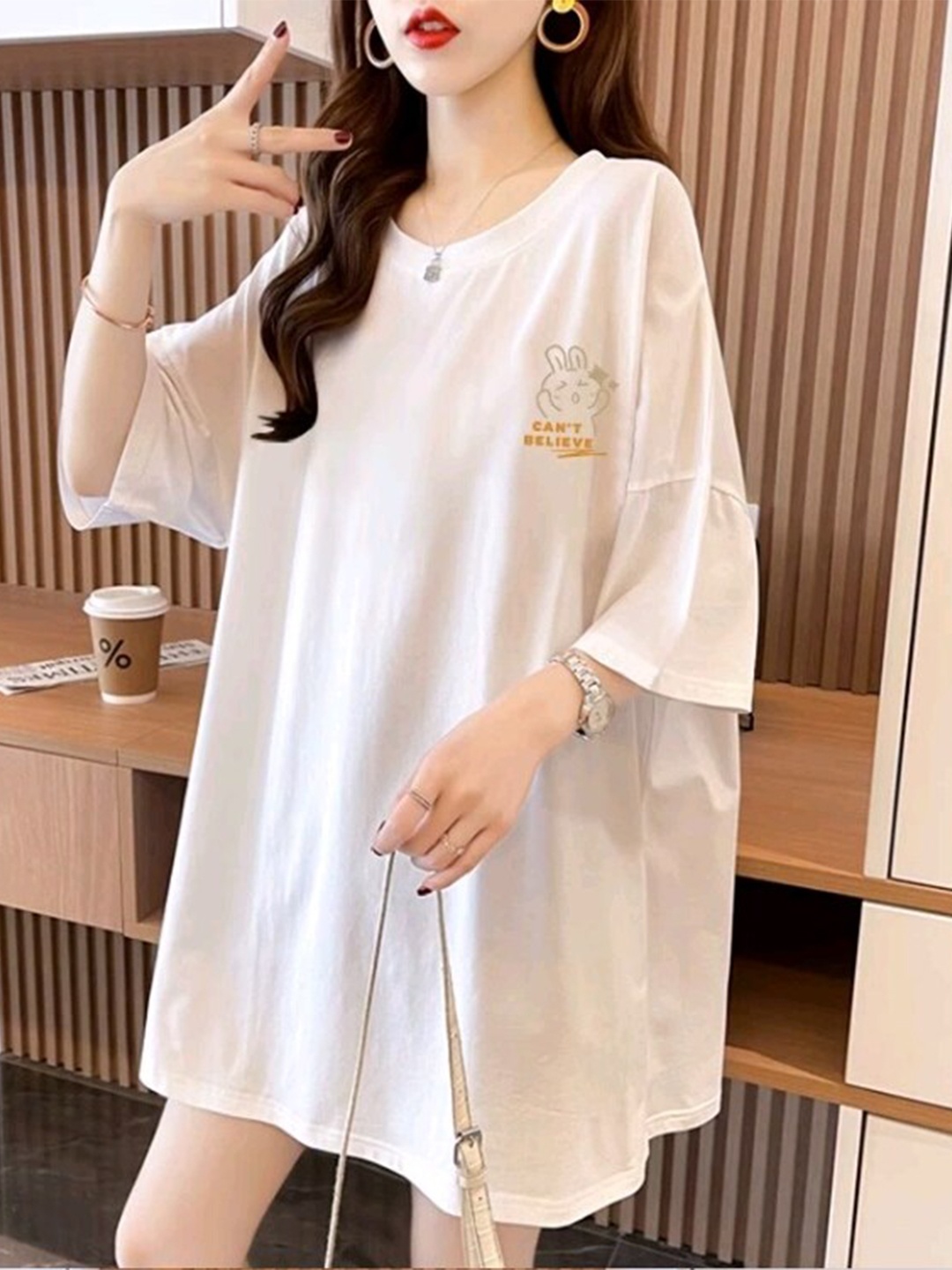 

StyleCast White Graphic Printed Drop-Shoulder Sleeves Cotton T-shirt Dress