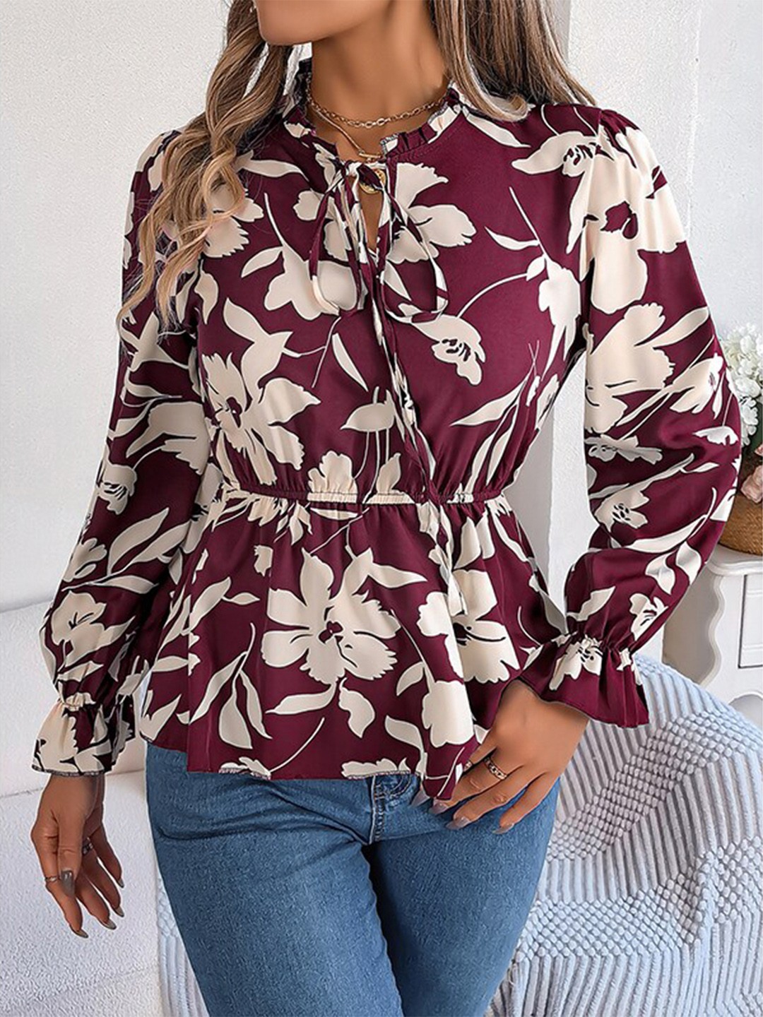 

StyleCast Maroon Floral Printed Tie-Up Neck Puff Sleeve Top
