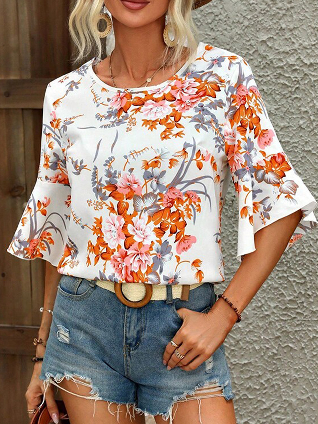 

StyleCast Off White Floral Printed Bell Sleeve Top