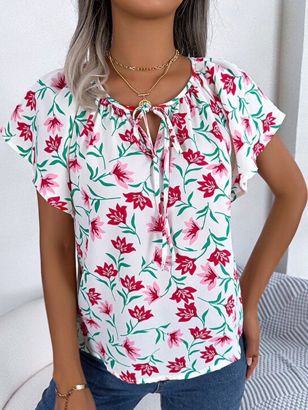 

StyleCast White Floral Print Tie-Up Neck Flutter Sleeve Top